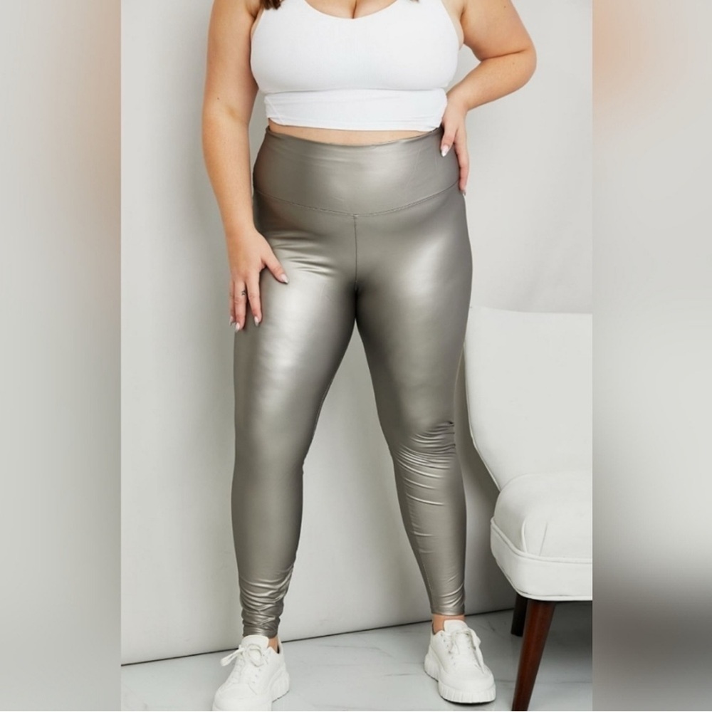 LEGGINGS DEPOT PU Leather Wide Waistband Leggings in Silver - Picture 2 of 5